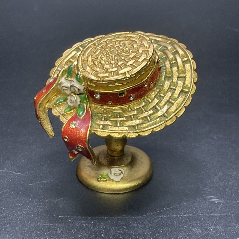 2000 Estée Lauder Brass Perfume Compact Trinket Box Bonnet Hat Red Ribbon Roses